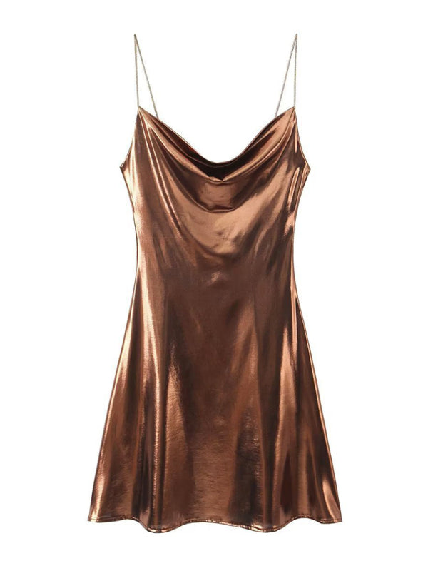 Low-cut backless metallic suspender dress  kakaclo Coffee XS 