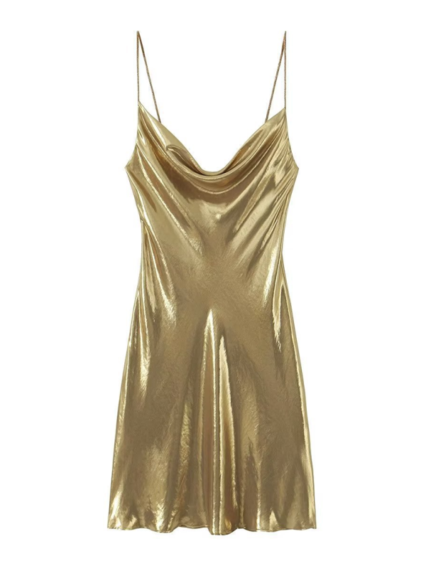 Low-cut backless metallic suspender dress  kakaclo Golden yellow XS 