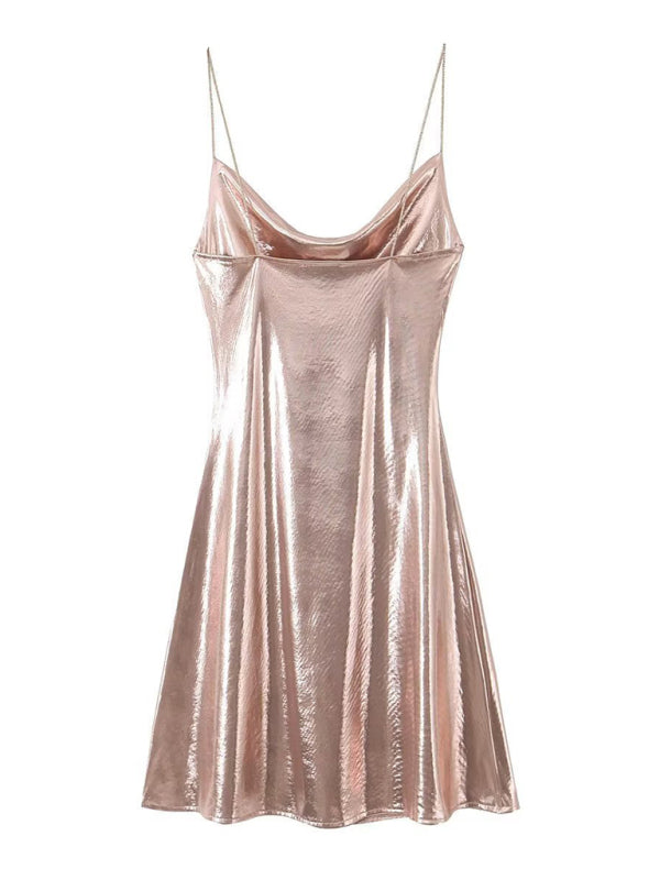 Low-cut backless metallic suspender dress  kakaclo   