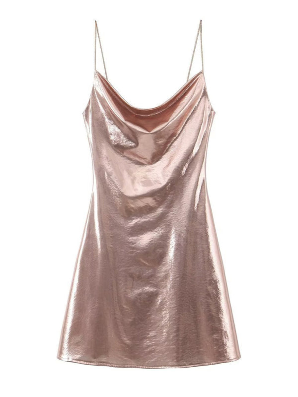 Low-cut backless metallic suspender dress  kakaclo Pink XS 