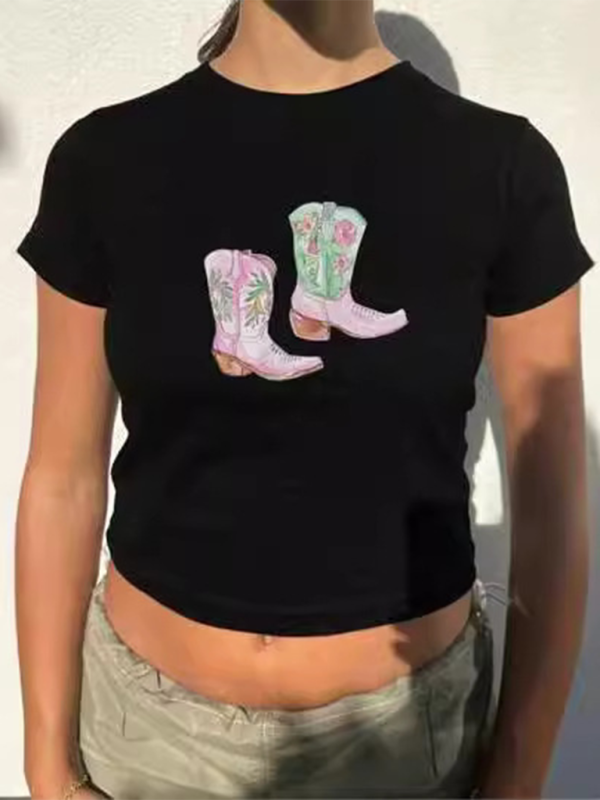 Y2K Boots Print Short Fashion Hot Girls T-Shirt  kakaclo Black XS 