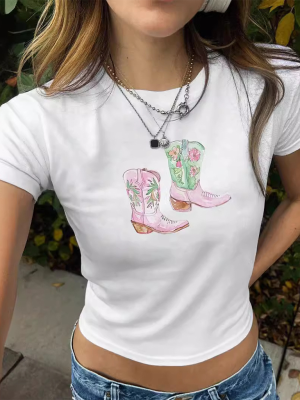 Y2K Boots Print Short Fashion Hot Girls T-Shirt  kakaclo White XS 