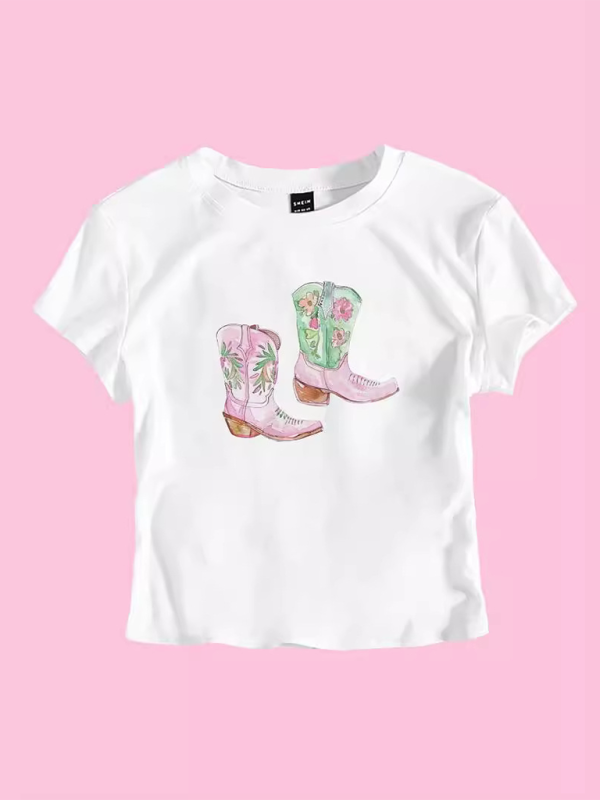 Y2K Boots Print Short Fashion Hot Girls T-Shirt  kakaclo   