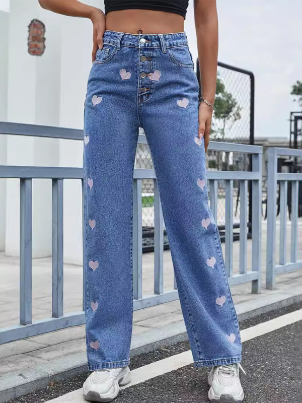 Fashion Love Heart Embroidery Casual High Waist Straight Jeans Trousers kakaclo