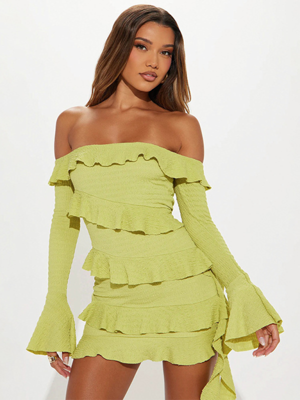 One-shoulder ruffled trumpet sleeve ribbon dress  kakaclo Green S 