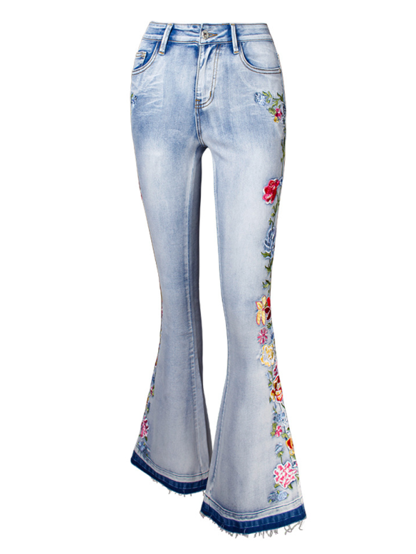 Floral Embroidered Denim Flare Pants  kakaclo   