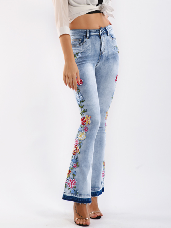 Floral Embroidered Denim Flare Pants  kakaclo Clear blue S 