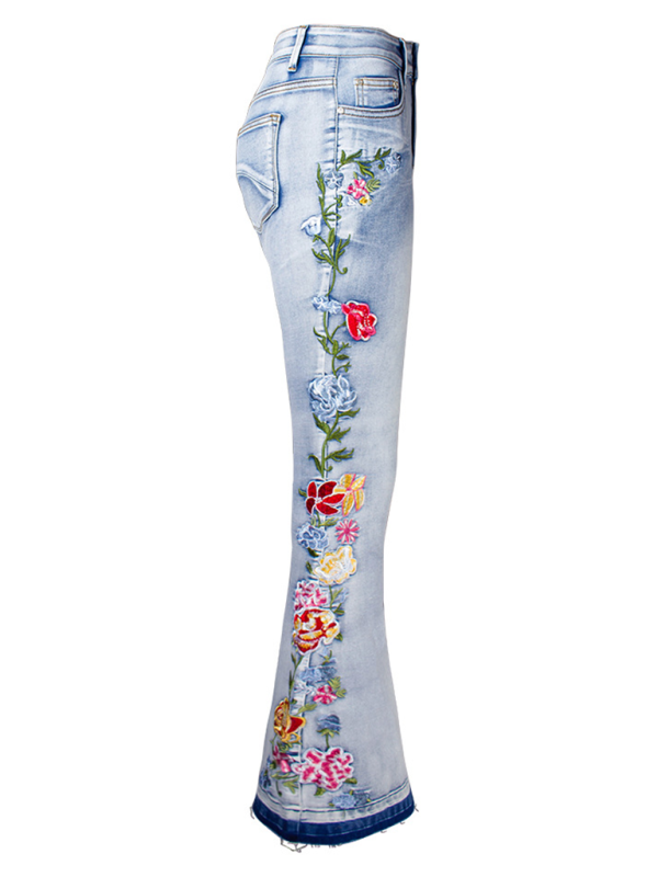 Floral Embroidered Denim Flare Pants  kakaclo   