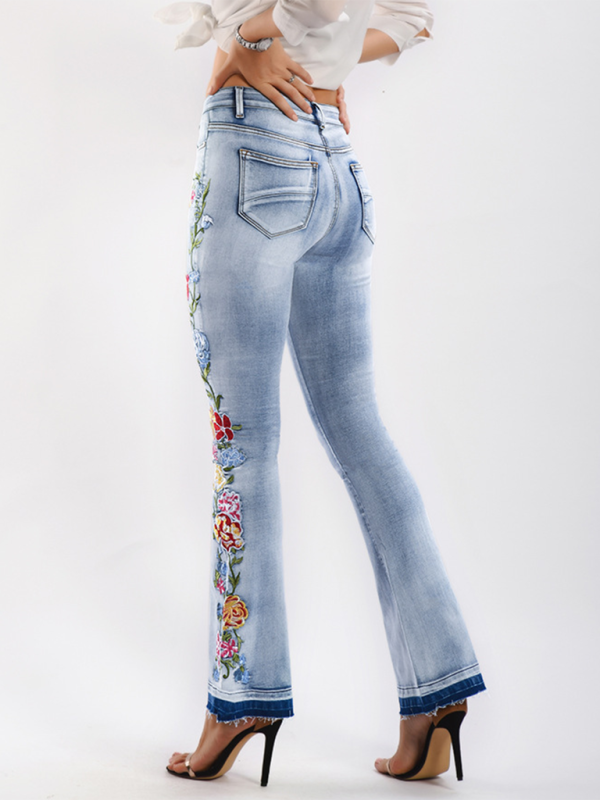 Floral Embroidered Denim Flare Pants  kakaclo   