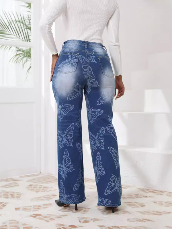 New Butterfly Printed High Waisted Straight Leg Denim Trousers kakaclo