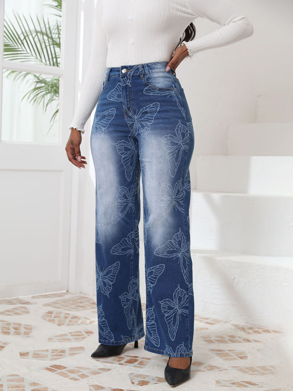 New Butterfly Printed High Waisted Straight Leg Denim Trousers kakaclo