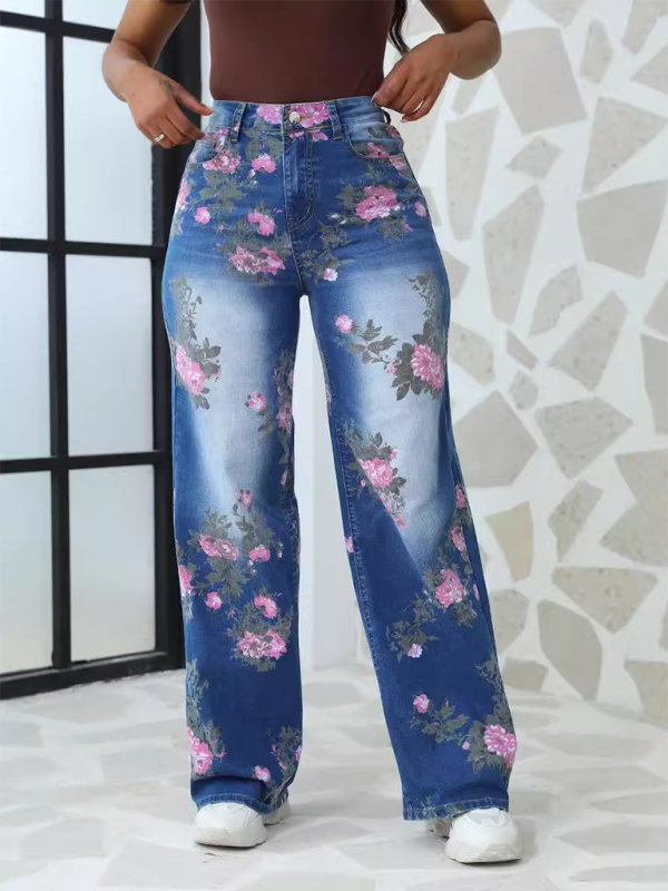 Floral Printed Wide Leg Pants Women's Jeans  kakaclo Blue S 