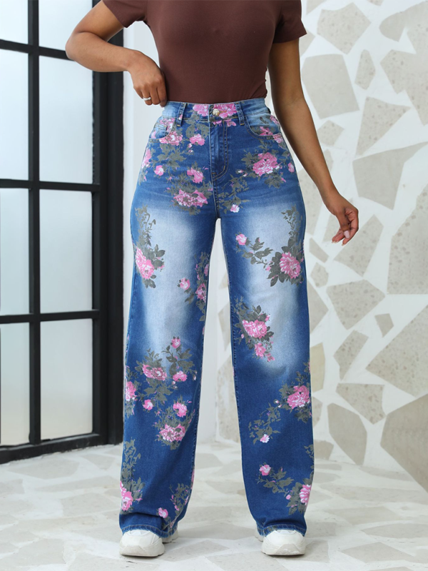 Floral Printed Wide Leg Pants Women's Jeans  kakaclo   