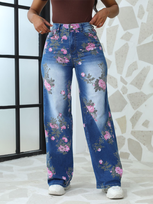 Floral Printed Wide Leg Pants Women's Jeans  kakaclo   