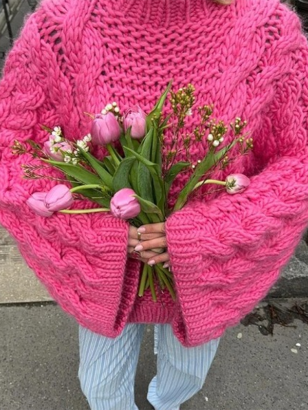 Crew neck bell sleeve knit loose sweater kakaclo Rose S