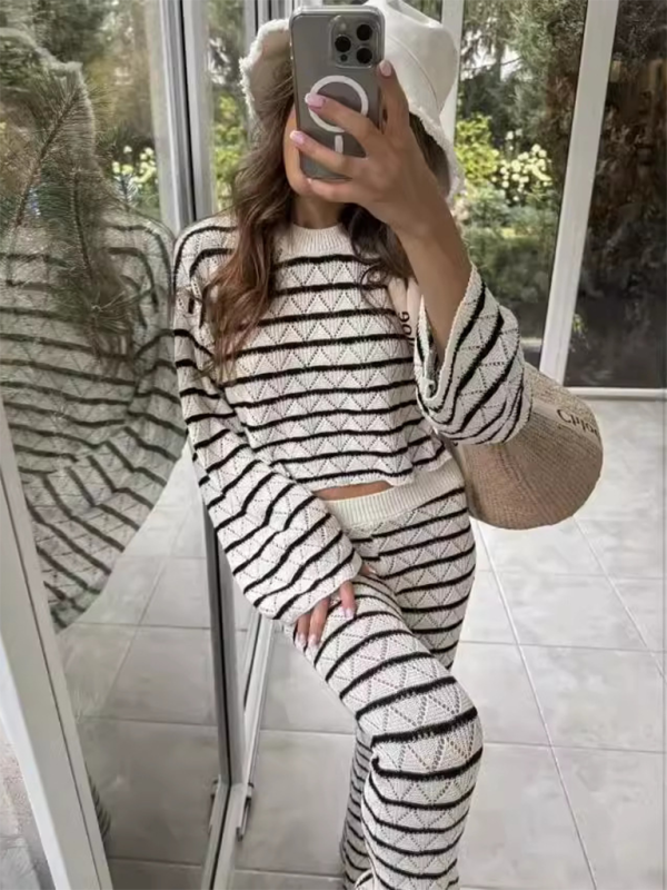 Striped knit l long sleeve flared pants set  kakaclo Stripe S 