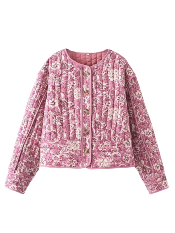 Floral Print Round Neck Jacket Cotton Jacket  kakaclo   