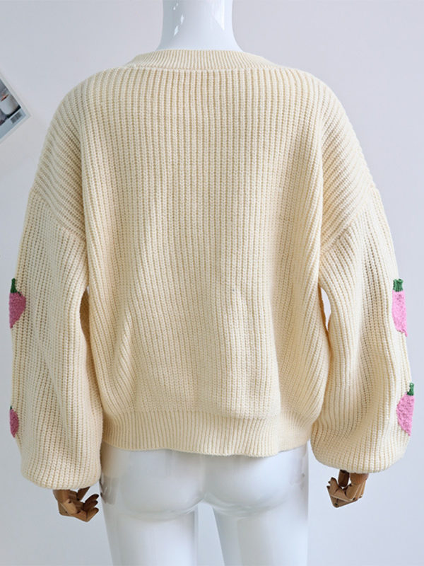 V-Neck Beige Strawberry Embellished Cardigan Knit Sweater  kakaclo   