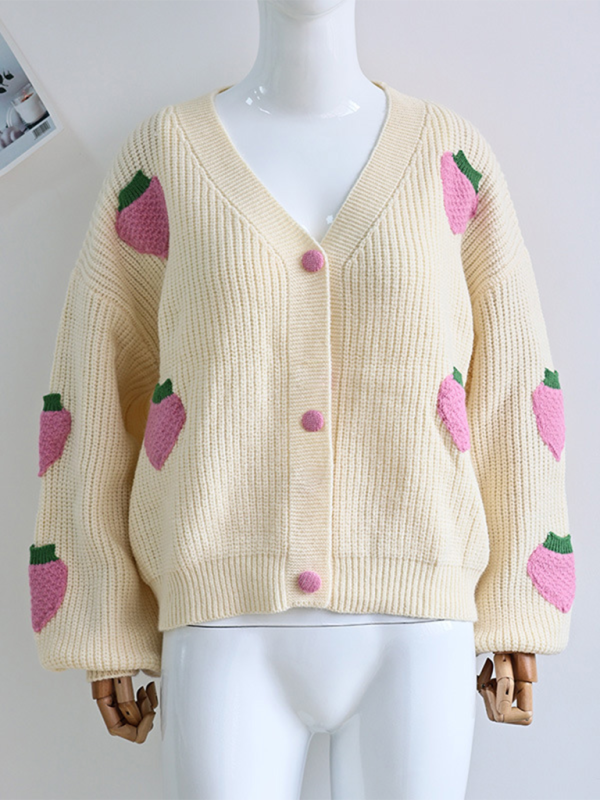 V-Neck Beige Strawberry Embellished Cardigan Knit Sweater  kakaclo   