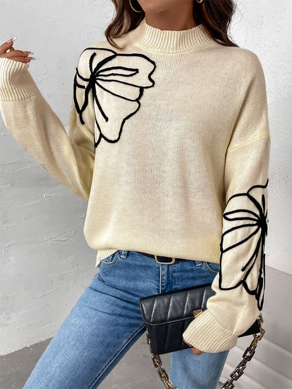 Semi-High Neck Floral Sweater  kakaclo   