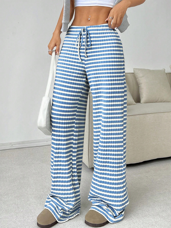 Women's new casual striped solid color rubber band drawstring straight leg pants  kakaclo Blue S 