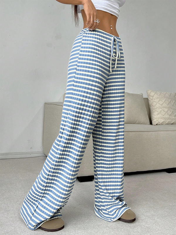 Women's new casual striped solid color rubber band drawstring straight leg pants  kakaclo   