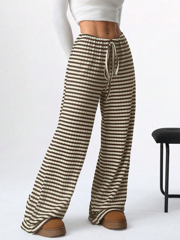 Women's new casual striped solid color rubber band drawstring straight leg pants  kakaclo   