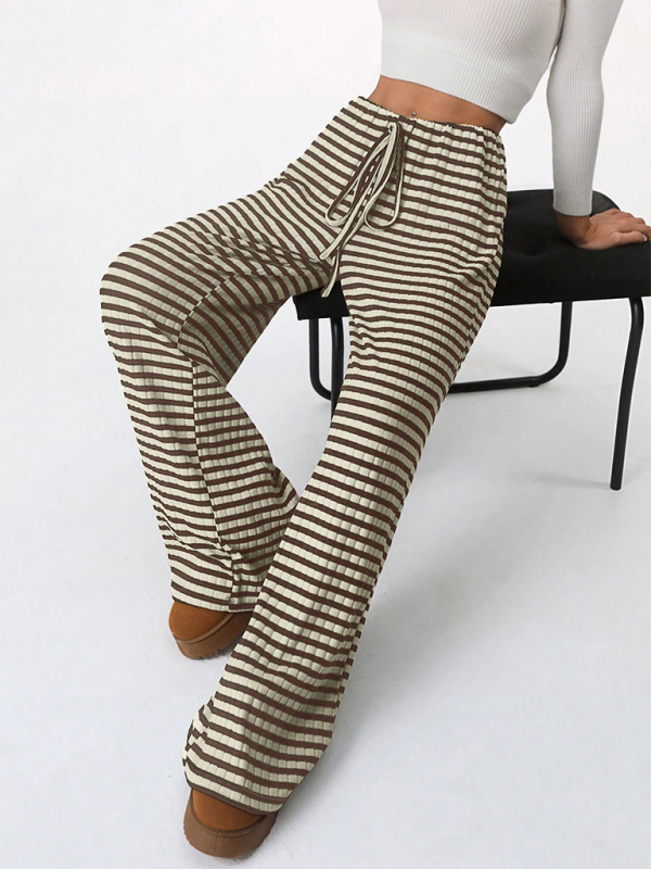 Women's new casual striped solid color rubber band drawstring straight leg pants  kakaclo Brown S 