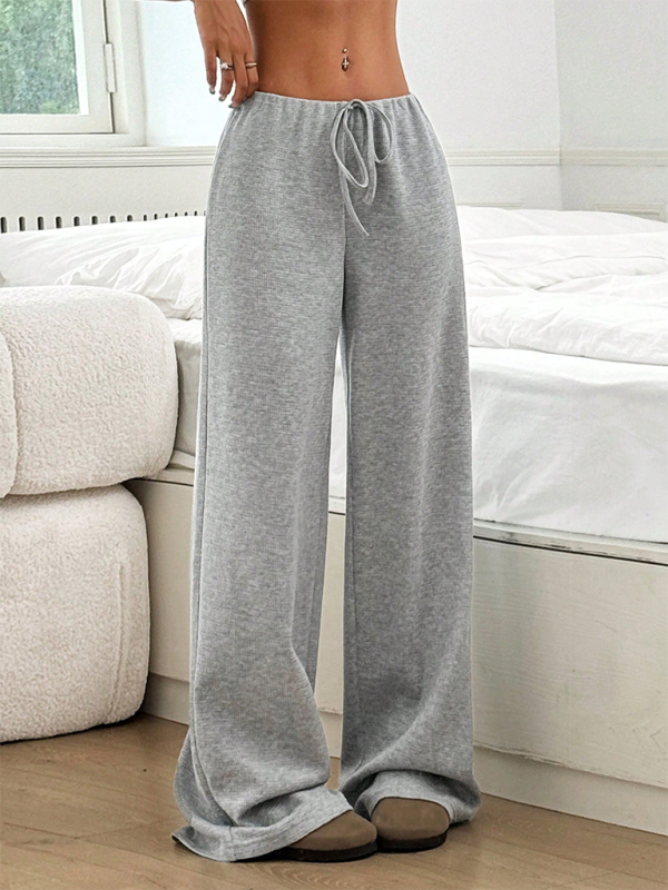 Women's new casual striped solid color rubber band drawstring straight leg pants  kakaclo Misty grey S 