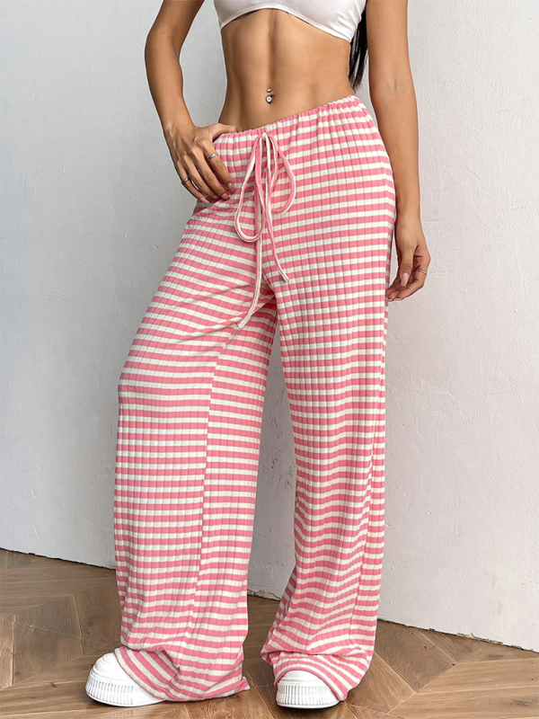 Women's new casual striped solid color rubber band drawstring straight leg pants  kakaclo   