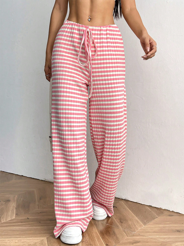 Women's new casual striped solid color rubber band drawstring straight leg pants  kakaclo Pink S 