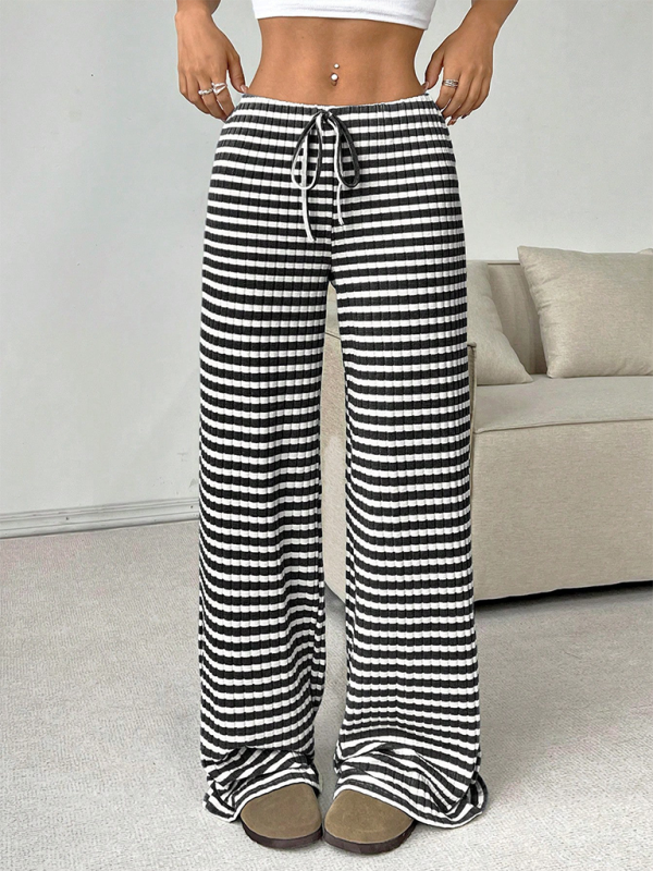 Women's new casual striped solid color rubber band drawstring straight leg pants  kakaclo   