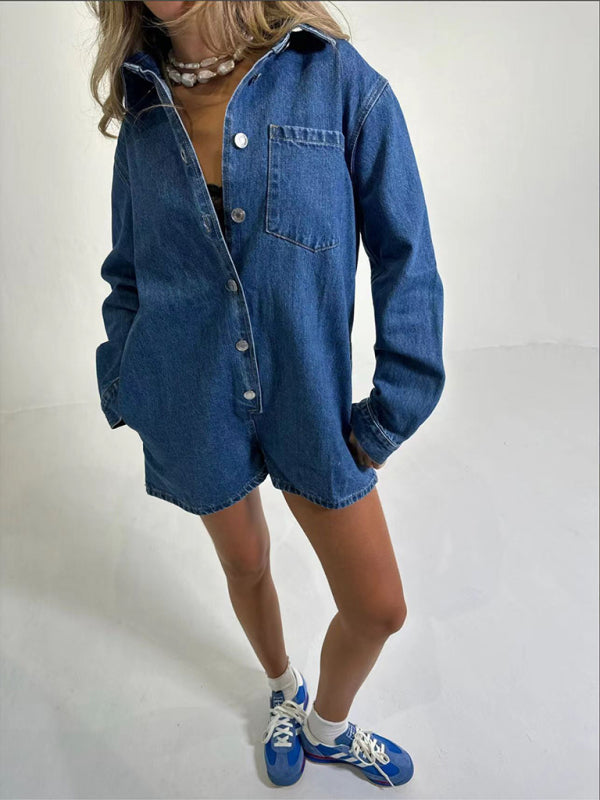 New Women's Lapel Long Sleeve Shorts Denim Jumpsuit  kakaclo Purplish blue navy S 