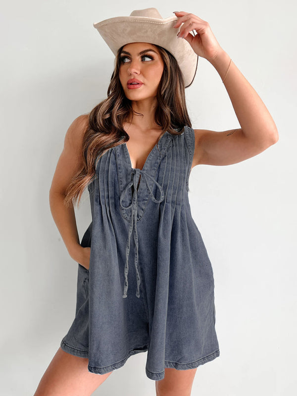 Street Fashion Sleeveless Short Sleeve Shorts Denim Jumpsuit  kakaclo Charcoal grey S 