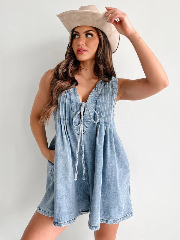 Street Fashion Sleeveless Short Sleeve Shorts Denim Jumpsuit  kakaclo   