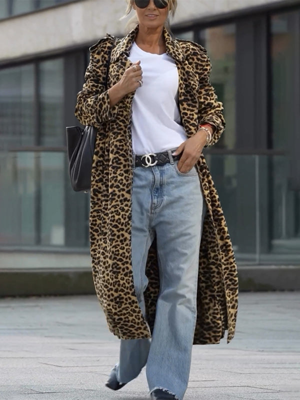 New Leopard Print Lapel Trench Coat Loose Casual Long Sleeve Women's Jacket kakaclo