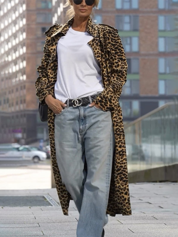 New Leopard Print Lapel Trench Coat Loose Casual Long Sleeve Women's Jacket kakaclo