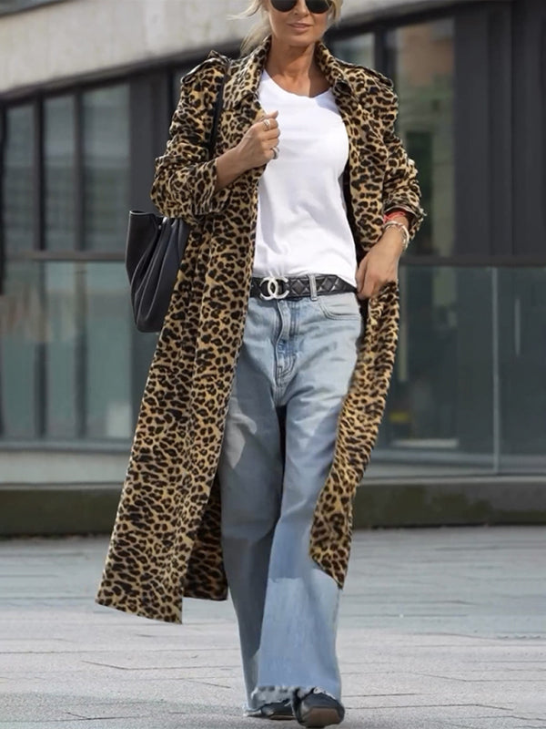 New Leopard Print Lapel Trench Coat Loose Casual Long Sleeve Women's Jacket kakaclo Leopard S