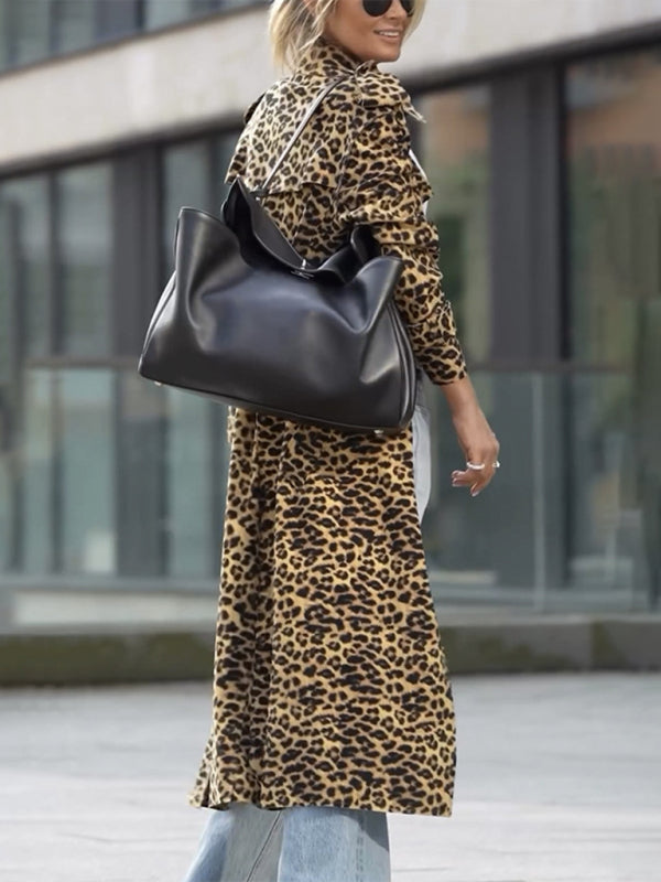 New Leopard Print Lapel Trench Coat Loose Casual Long Sleeve Women's Jacket kakaclo