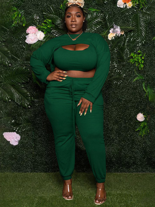 Plus size women's fashion sexy chest opening hollow solid color ribbed three-piece suit kakaclo Green L