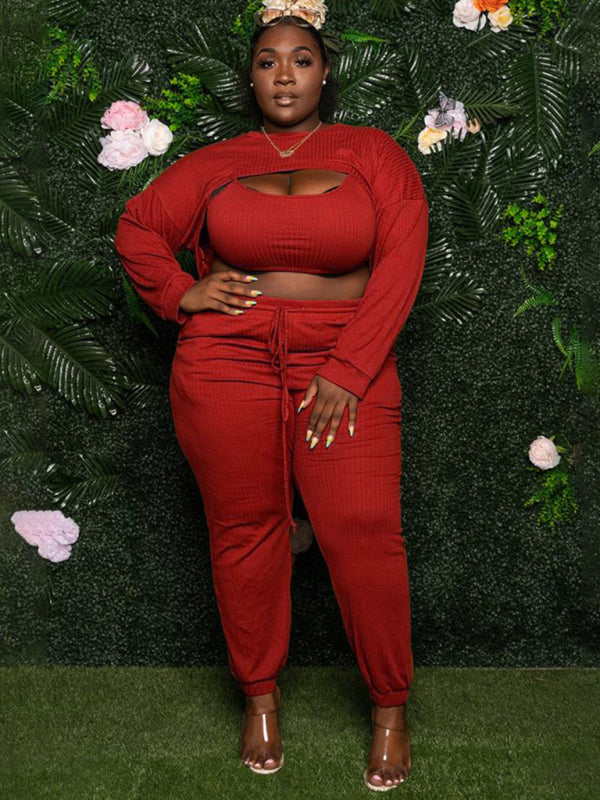 Plus size women's fashion sexy chest opening hollow solid color ribbed three-piece suit kakaclo Red L