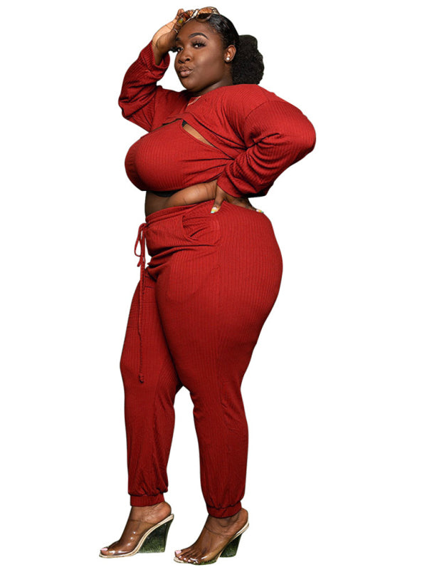 Plus size women's fashion sexy chest opening hollow solid color ribbed three-piece suit kakaclo