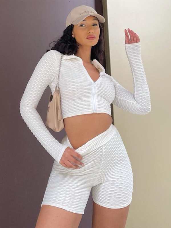 Women's solid textured fabric athleisure sets kakaclo White S