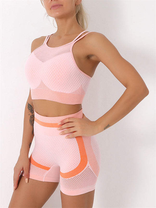 Women's quick-drying tight seamless backless camisole+shorts yoga suit kakaclo Pink S